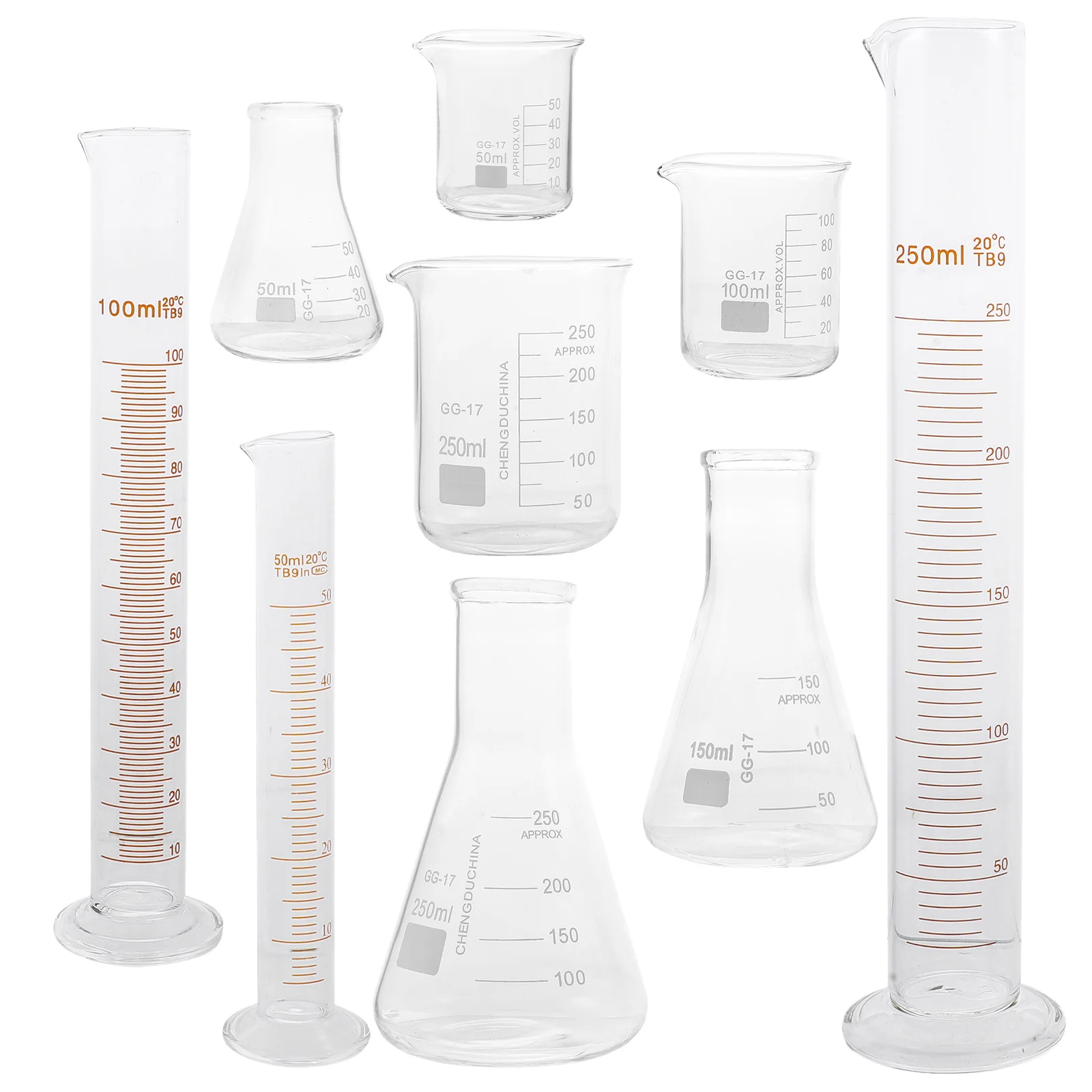 9 Buah Set Botol Silinder Ukur Laboratorium Kaca Botol Kerucut dengan Skala Jelas untuk Percobaan Pendidikan Kimia