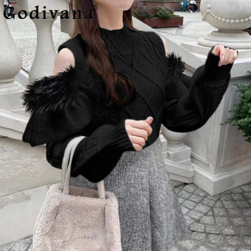 Spring New Japanese Sweet Turtleneck Plush Off-the-shoulder Ruffle Edge Rhombus Knitted Sweater Womens Casual Short Knitwear Top