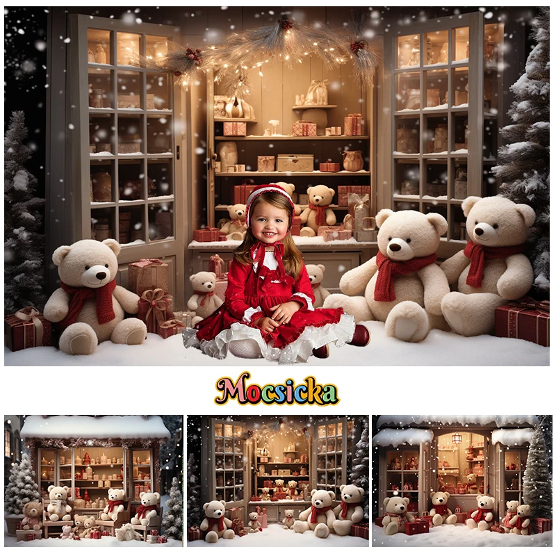 

Mocsicka Bear Background Family Baby Portrait Christmas Backdrop Photography Winter Window Toy Shop Party Decor Banner Photocall