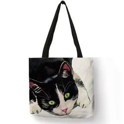 Customize Cute Watercolor Cat Painting Print Womens Designer Tote Bags Fabric Eco Reusable Shopping Shopper Bags School Book Bag