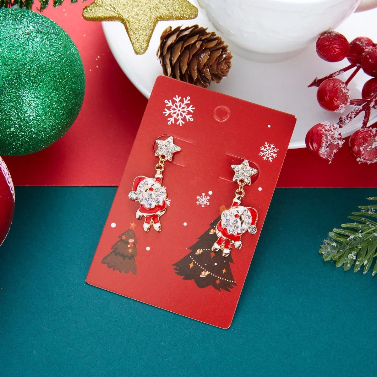 Weihnachts-Strass-Stern-Weihnachtsmann-Ohrhänger für Damen, modische rote Schleifen-Weihnachtsstangen-Weinglas-Socken-Ohrringe, Neujahrs-Schmuck – Detail 25