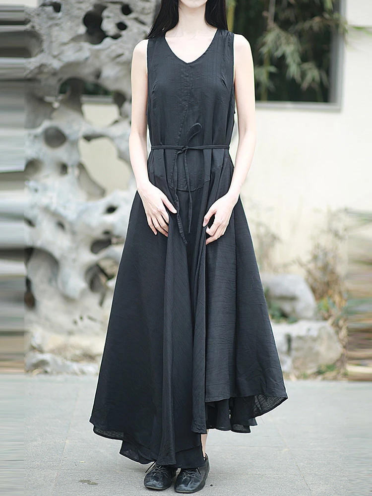 المرأة فستان طويل غير رسمي جديد 2025 الصيف خمر الخامس الرقبة بلون فضفاض مريح الإناث أكمام فساتين عطلة T591 #5