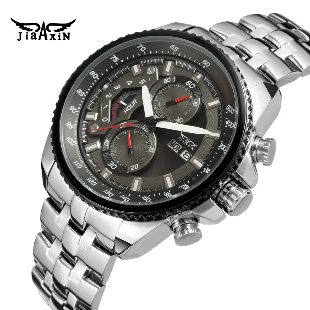 

Jaragar Mens Top Brand Automatic Self-wind Luxury Mechanical Watch Full Stainless Steel Band Shock Resistant Complete Calendar