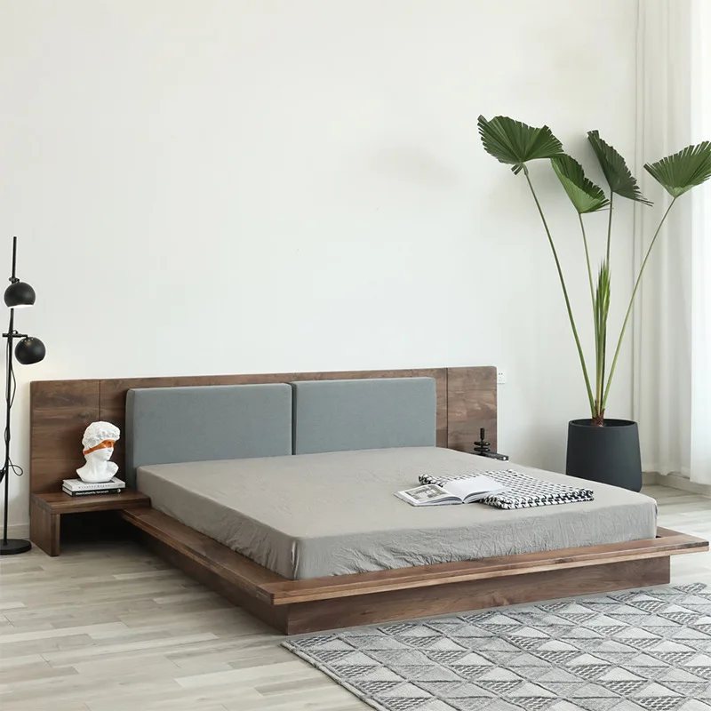 Nordic solid wood bed 1.8 meters double comfortable soft backrest modern simple low  floor bed tatami bed