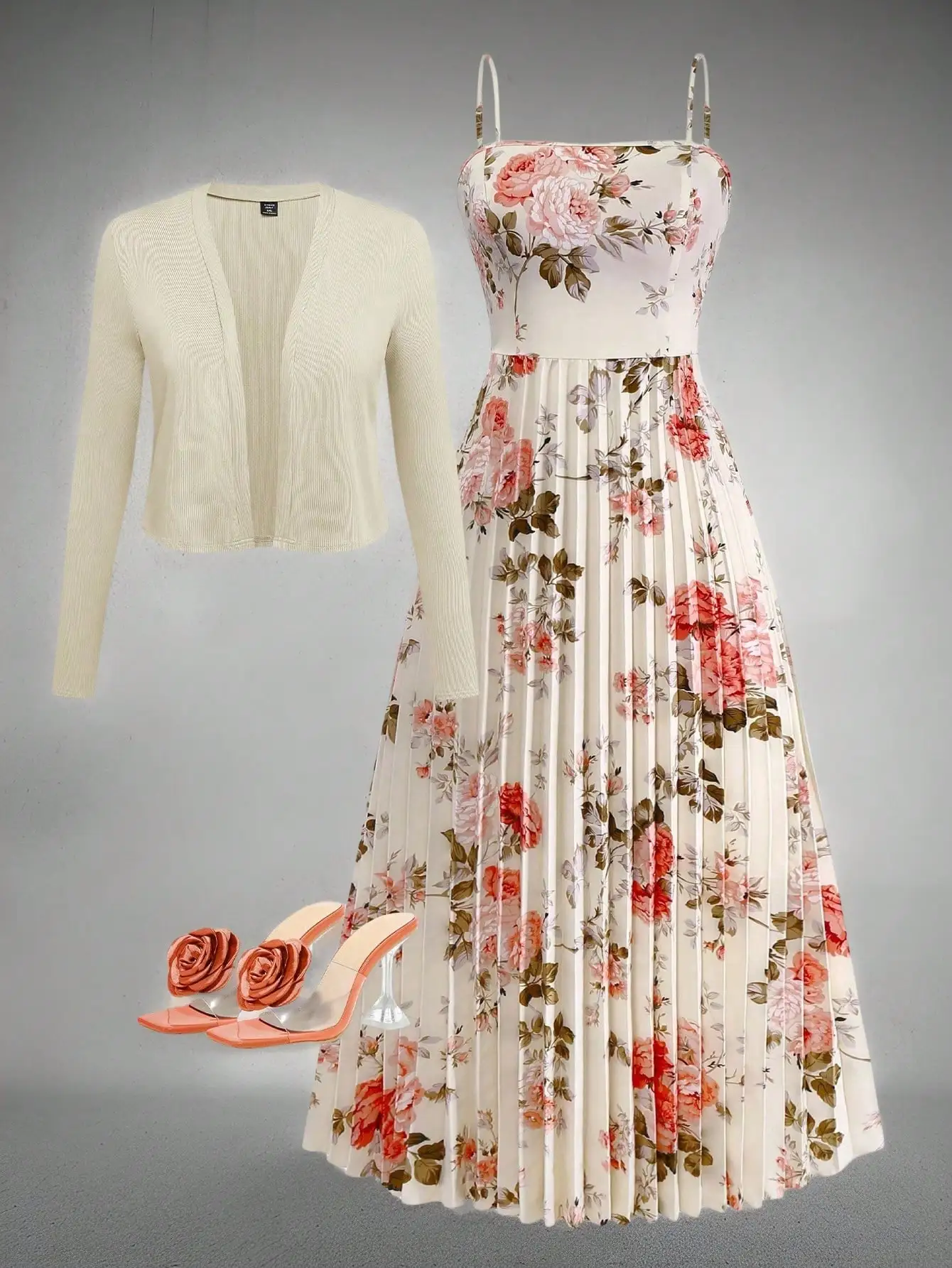 Elegantes, geblümtes, plissiertes Midikleid mit Strickjacke für Dates, Valentinstag und Freizeitaktivitäten.