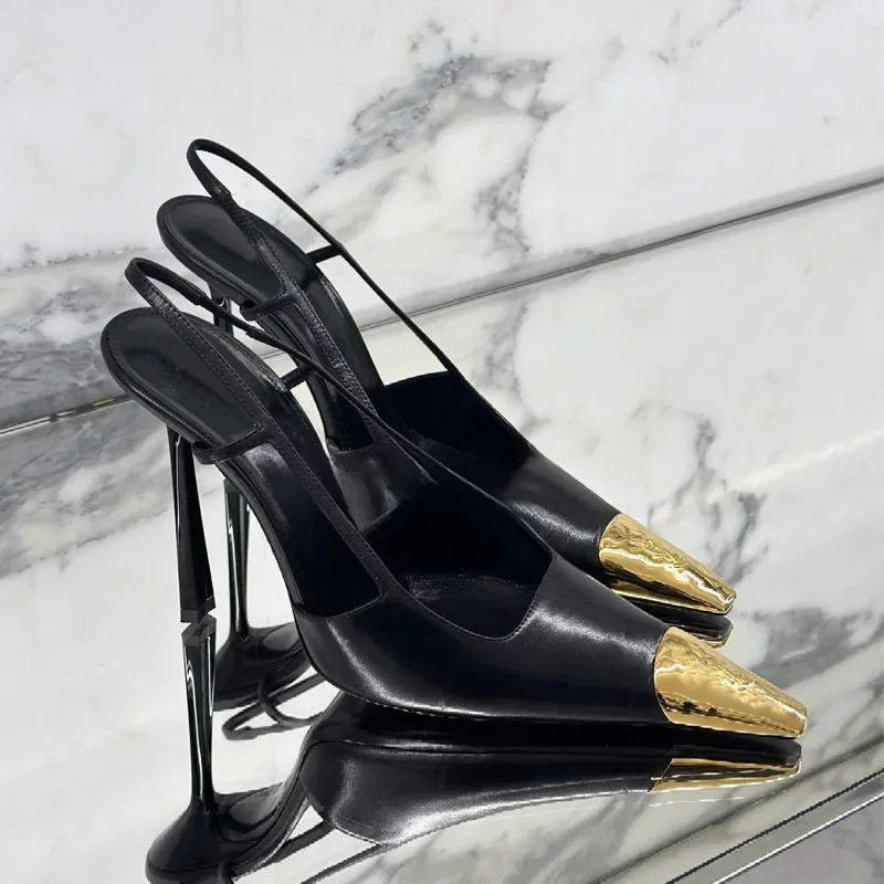 2026 Summer New Style Metal Pointed Toe Sandals Slingback Women\'s Black Sexy 7/9/11Cm Stiletto Heels Shallow Fashion High Heels
