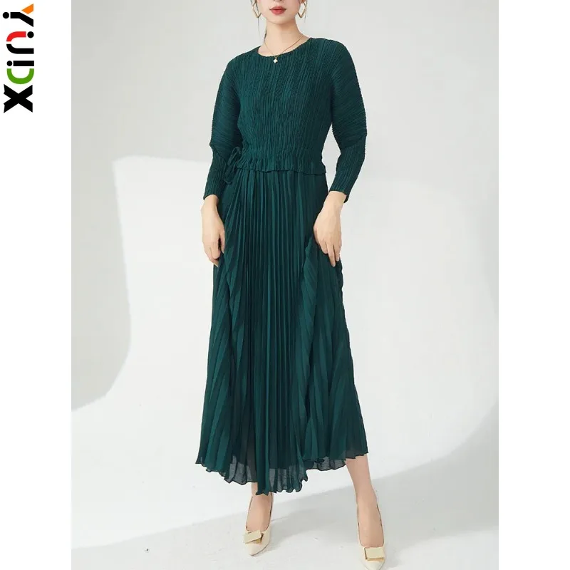 

YUDX Miyake Elegant Pleated Long Women's Dress Round Neck Drawstring Gathered Waist A-line Dresses Party 2024 Spring New