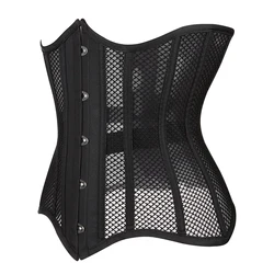 Women Black Mesh Underbust Corset Steel Bones Slim Body Belts Streetwear See Through Corselet