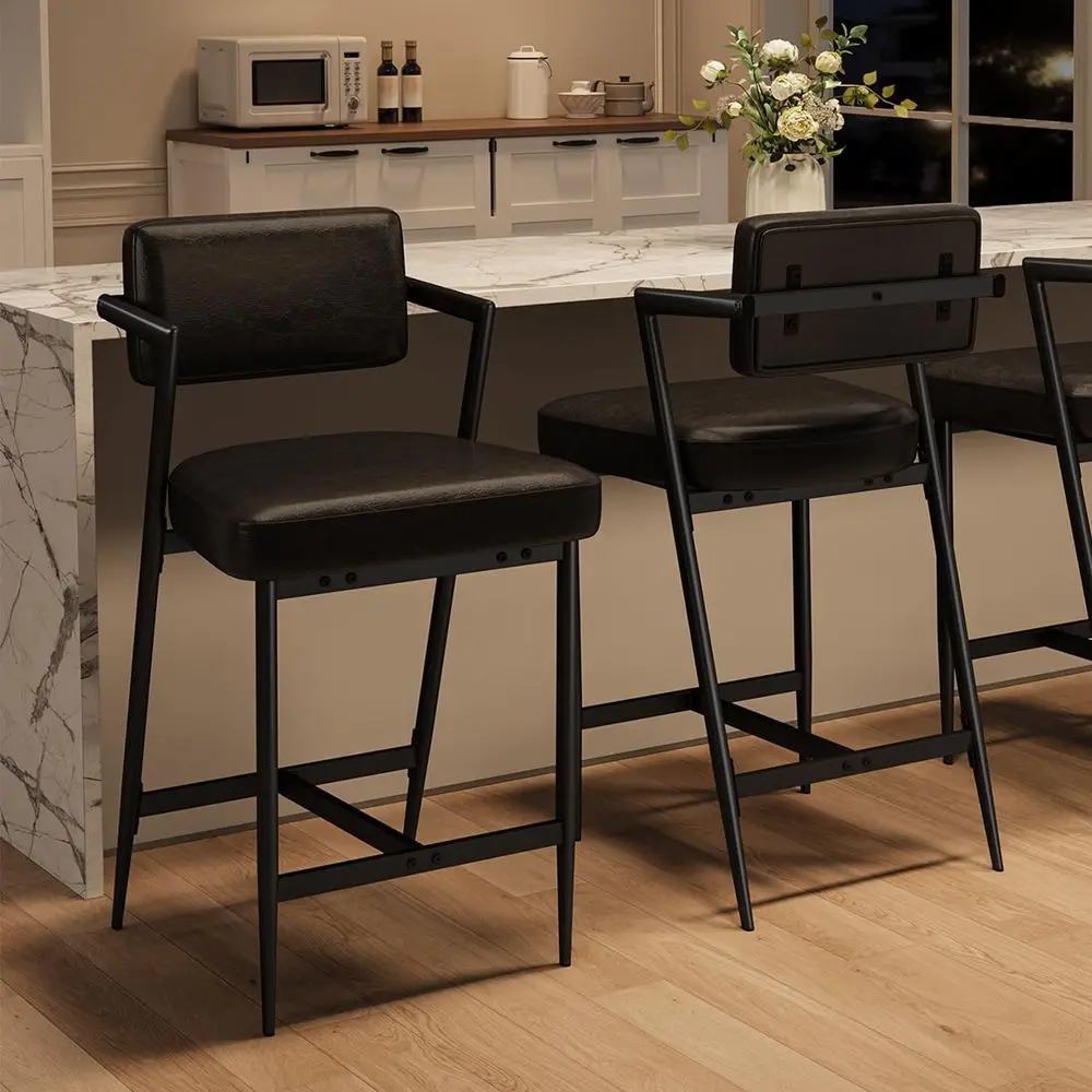 

Pair of 27 Upholstered Bar Stools with Armrests, Backrest, and Footrest for Counter Height, Thick Cushion and Metal Legs