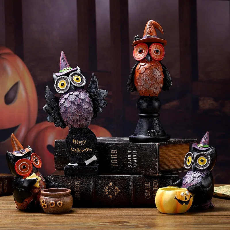 1pc Halloween Owl Ornament Gothic Owls Decor Candle Holder Resin Craft All Saints' Day Decoration Party Supplies For Home Garden