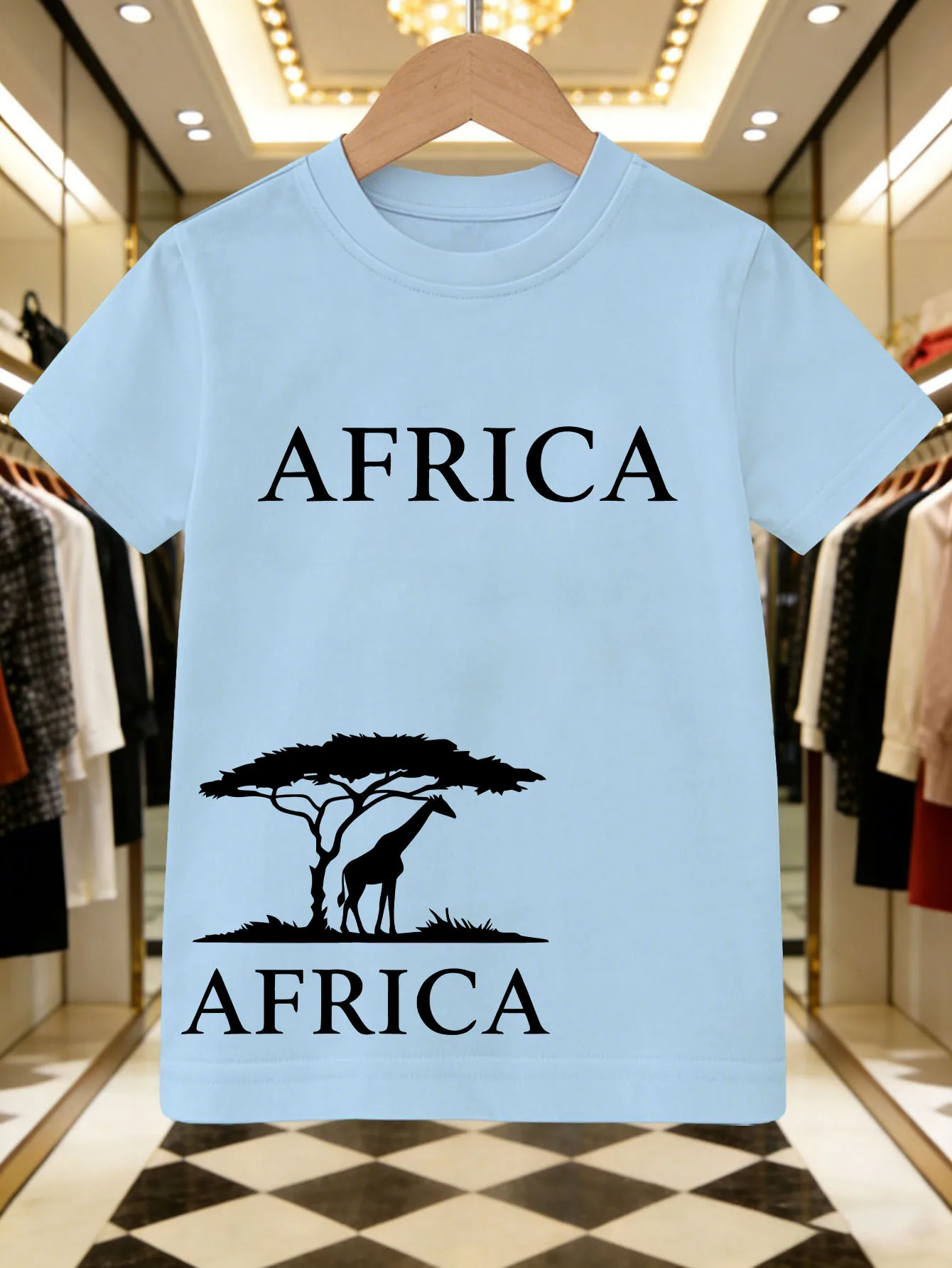 African Grassland Giraffe and Acacia Tree Silhouette Print Summer T-shirt Print Children's T-shirt Casual Parent-child Top