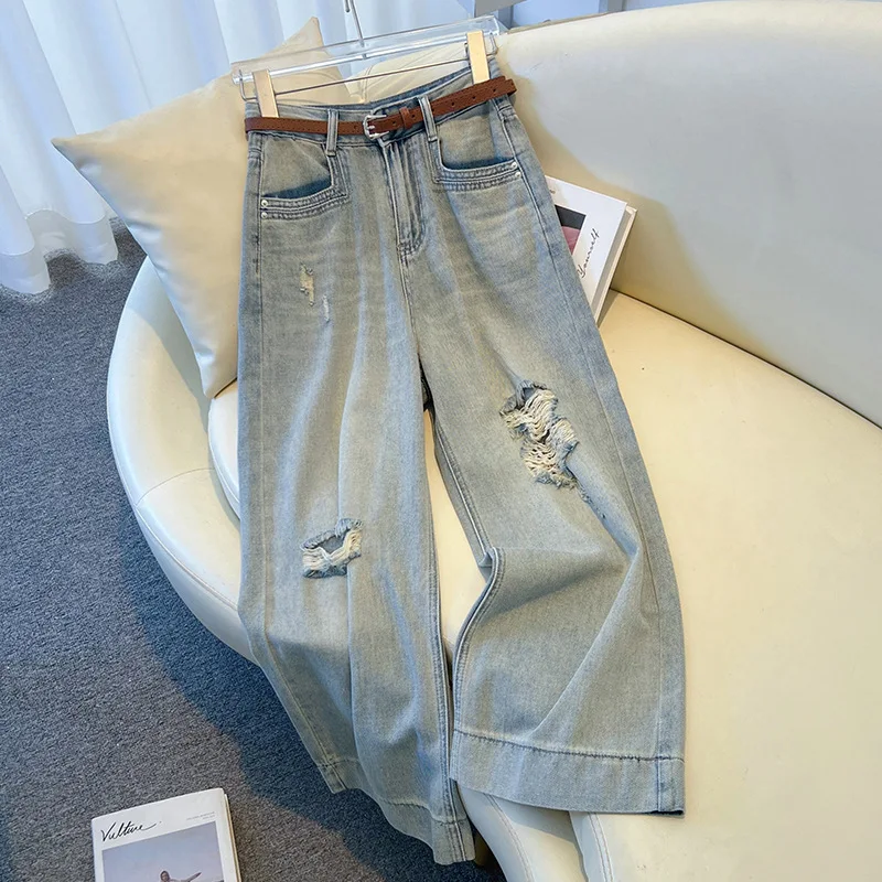 

25 Осенне-зимних широких джинсов American High Street для женщин, прямые брюки с девятью точками и горячими отверстиями для коротких девочек, чтобы выглядеть выше