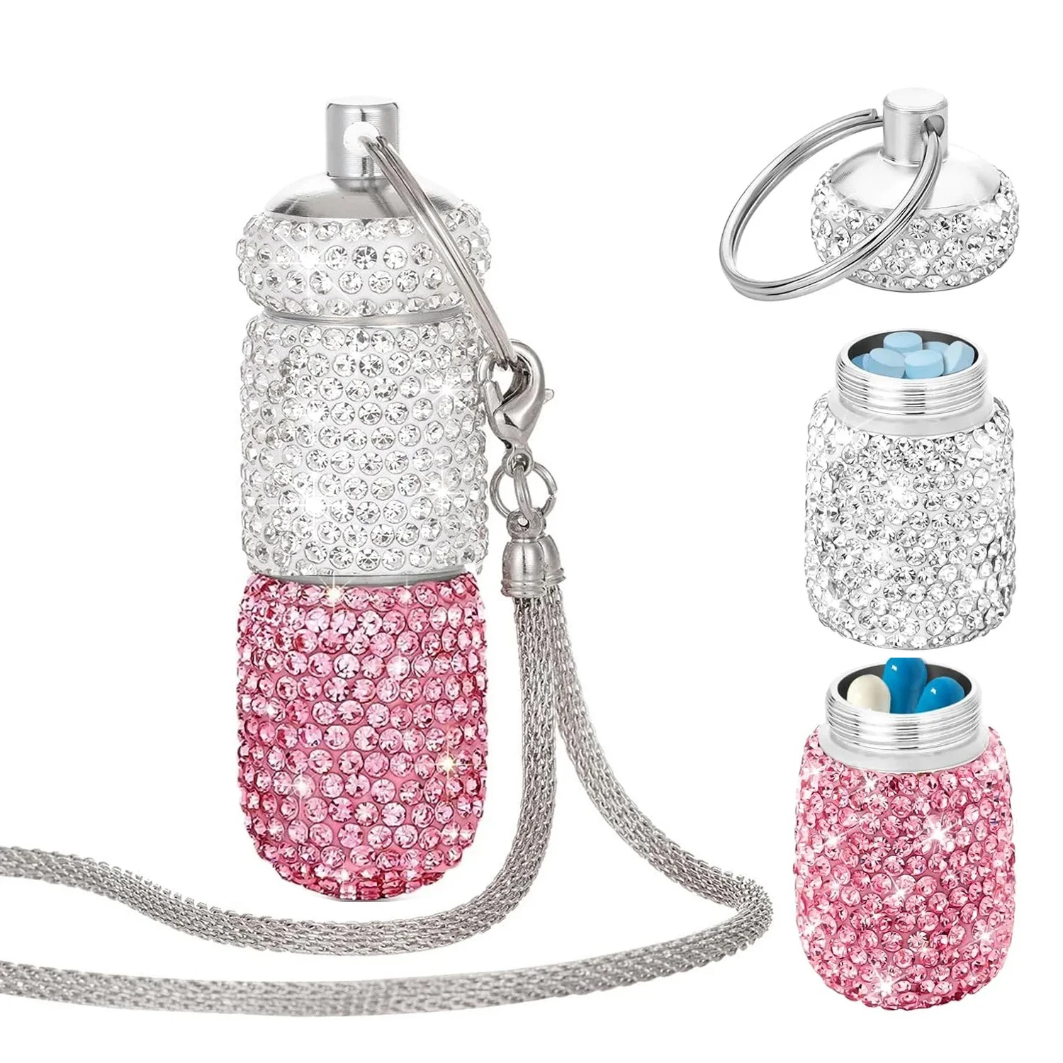 Diamond Refillable Organizer Bottle with Keychain Portable Aluminum Alloy Box Cute Storage Container for Outdoor Camping Travel