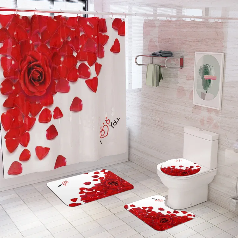 Rose Flower Shower Curtain Set with Non-Slip Rugs Toilet Lid Cover Bath Mat Valentine\'s Day Bathroom Curtain Waterproof Decor