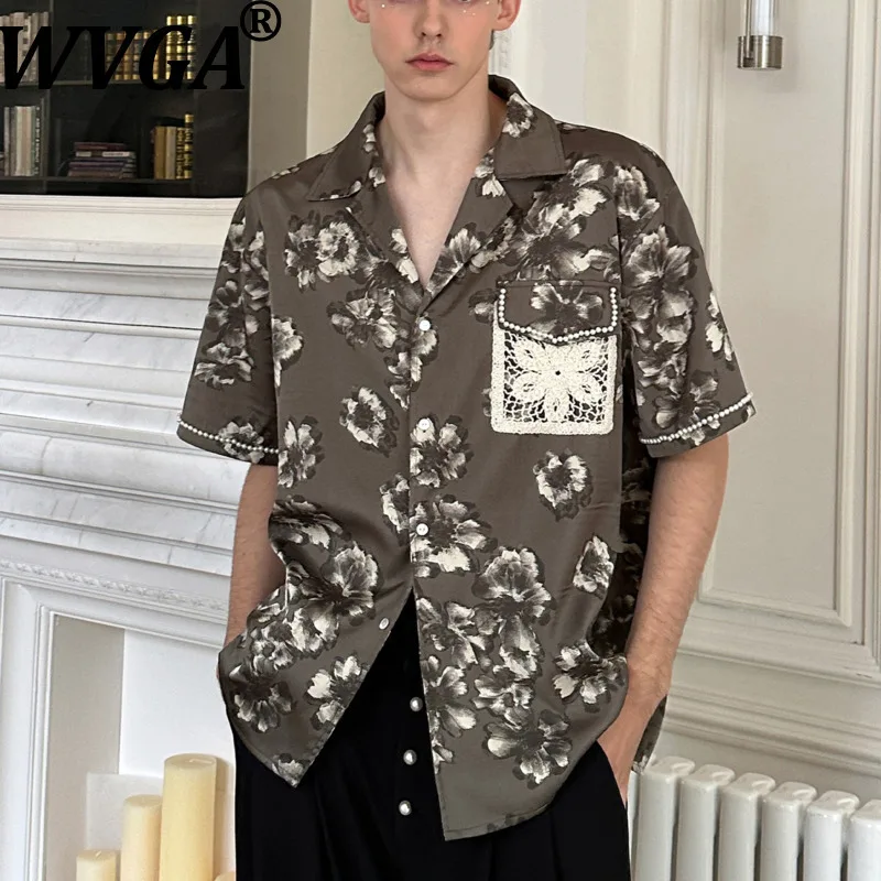 WVGA Mew Men Summer Tide Niche Design Oil Painting Floral Cuff Beaded Short Sleeve Shirts Chic Casual Trendy Tops Ins Y2K W17983
