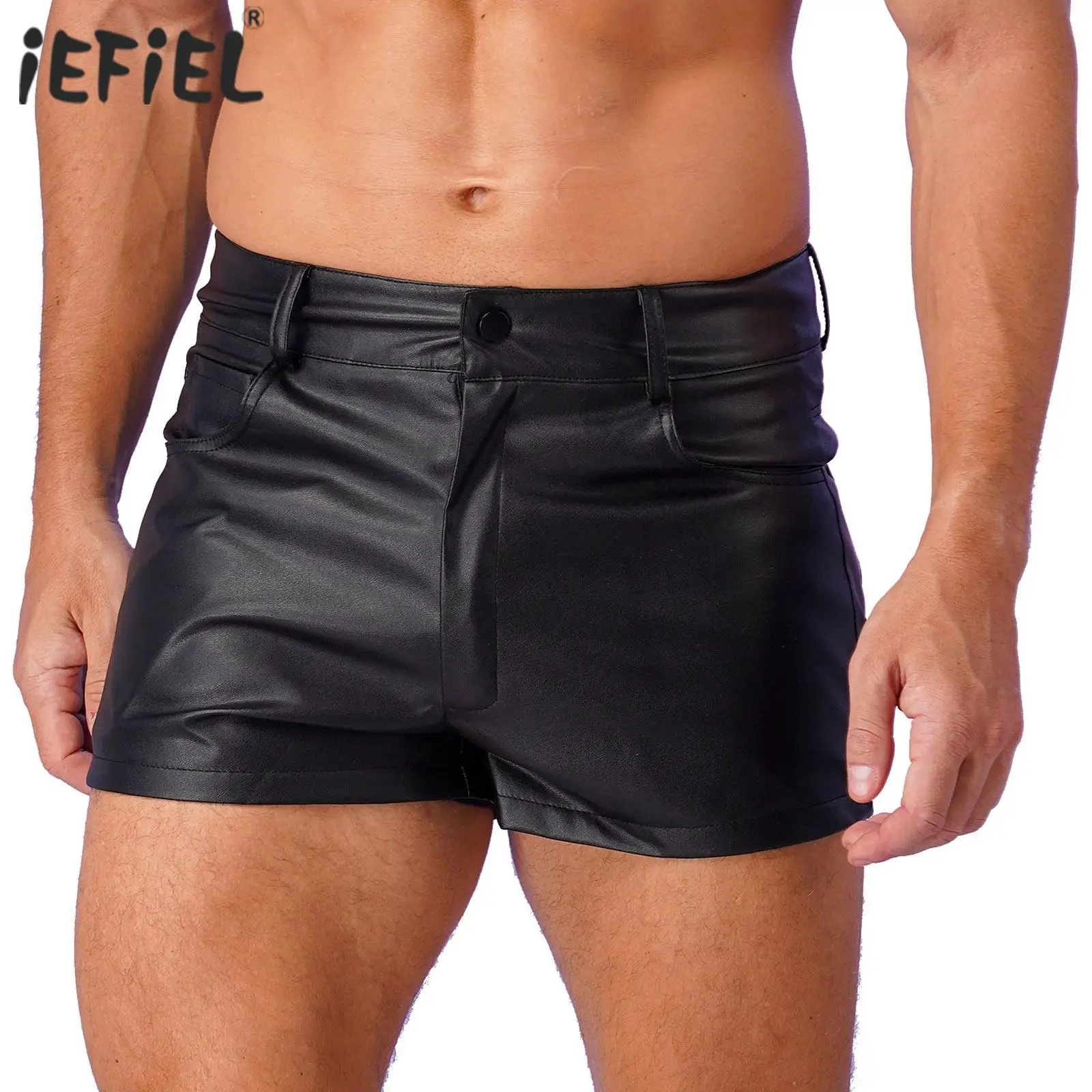 Mens PU Leather Casual Boxers Shorts Pockets Fully Lining Shorts Latex Punk Trunks Pole Dance Outfit Festivals Party Clubwear