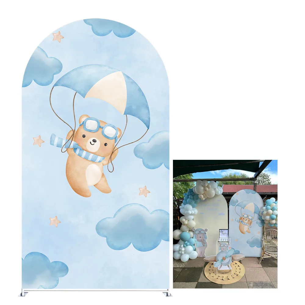 

Bear Pilot Arched Backdrop Covers Airplane Parachute Blue Stretchy Arch Spandex Cover for Adventure Theme Party Decoration