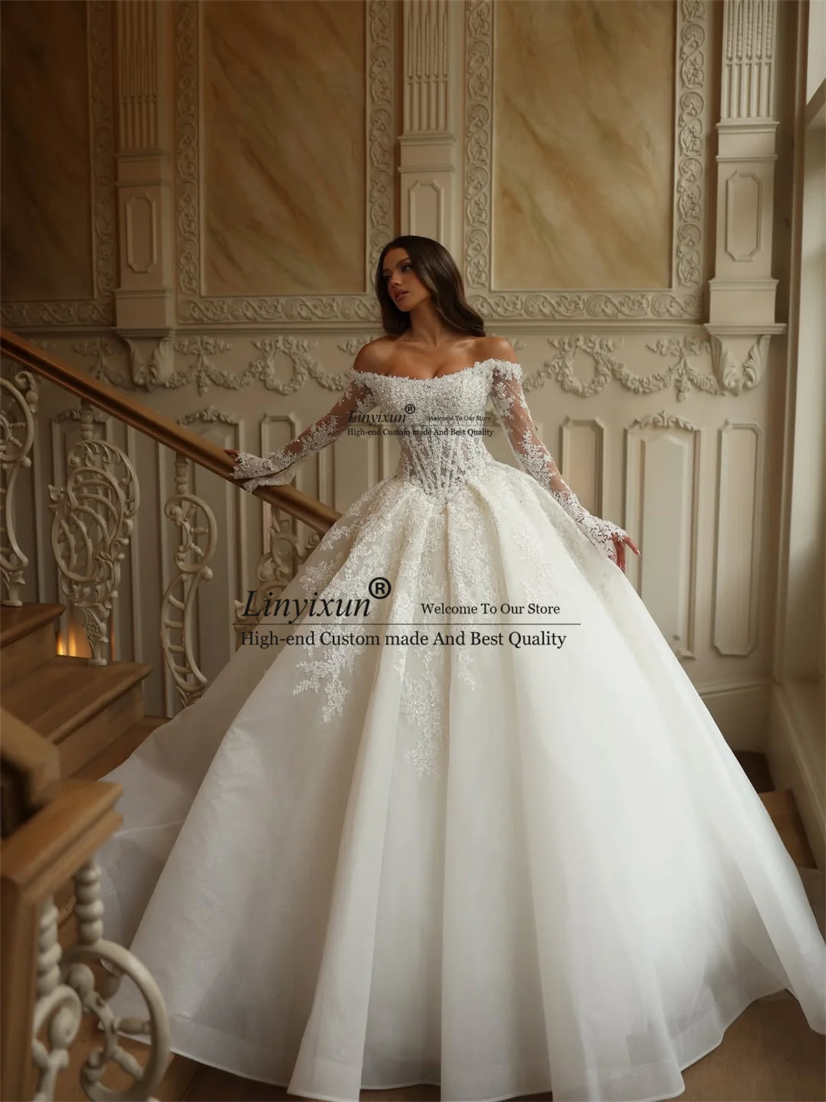 Elegant Ball Gown Wedding Dresses With Appliques Lace Beaded Bridal Gown For Bride Off Shoulder Long robe de mariée Customized