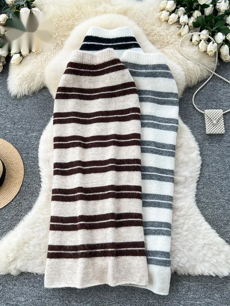 Stripe Knitted Bodycon Skirt Autumn Color Block Stretch High Waist Thick Warm Winter Female Simple Casual Long Skirt