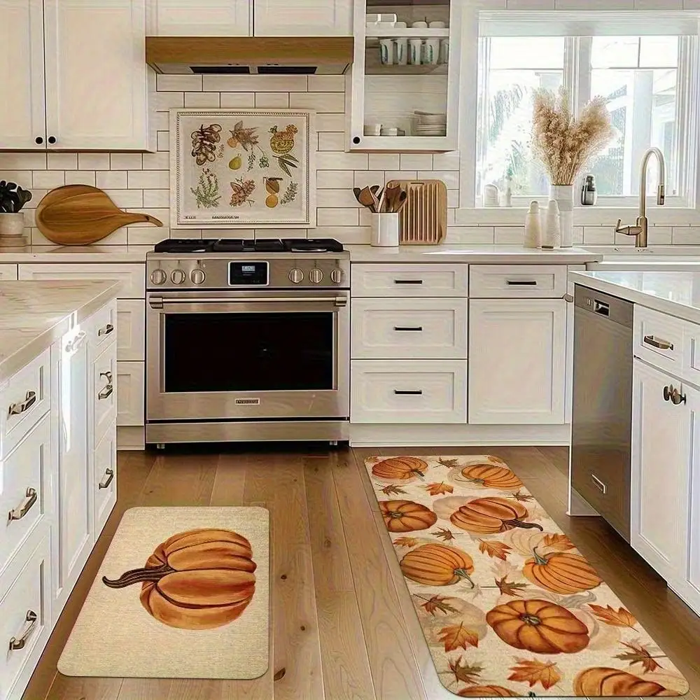 Flannel Floor Mat 1pc , Autumn Thanksgiving Kitchen Mat - Pumpkin And Maple Leaf Pattern Home Decor, Fleece Mat, Suitable For Sink, Bedroom, Living Room, Dining Area