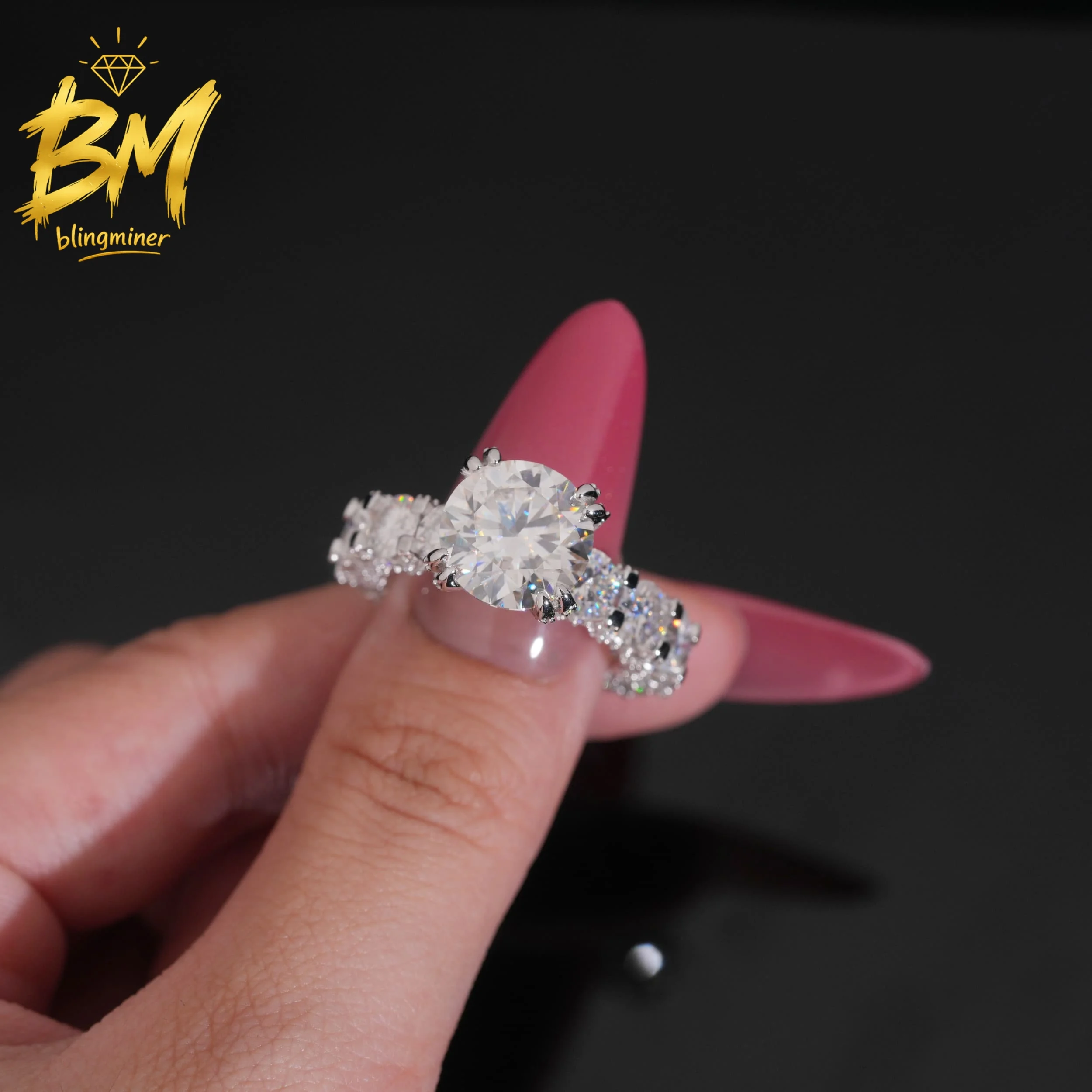 Blingminer S925 Silver 5 Carat Round Cut VVS Moissanite Rings Women Engagement Finger Jewelry Pass Diamonds Tester GRA