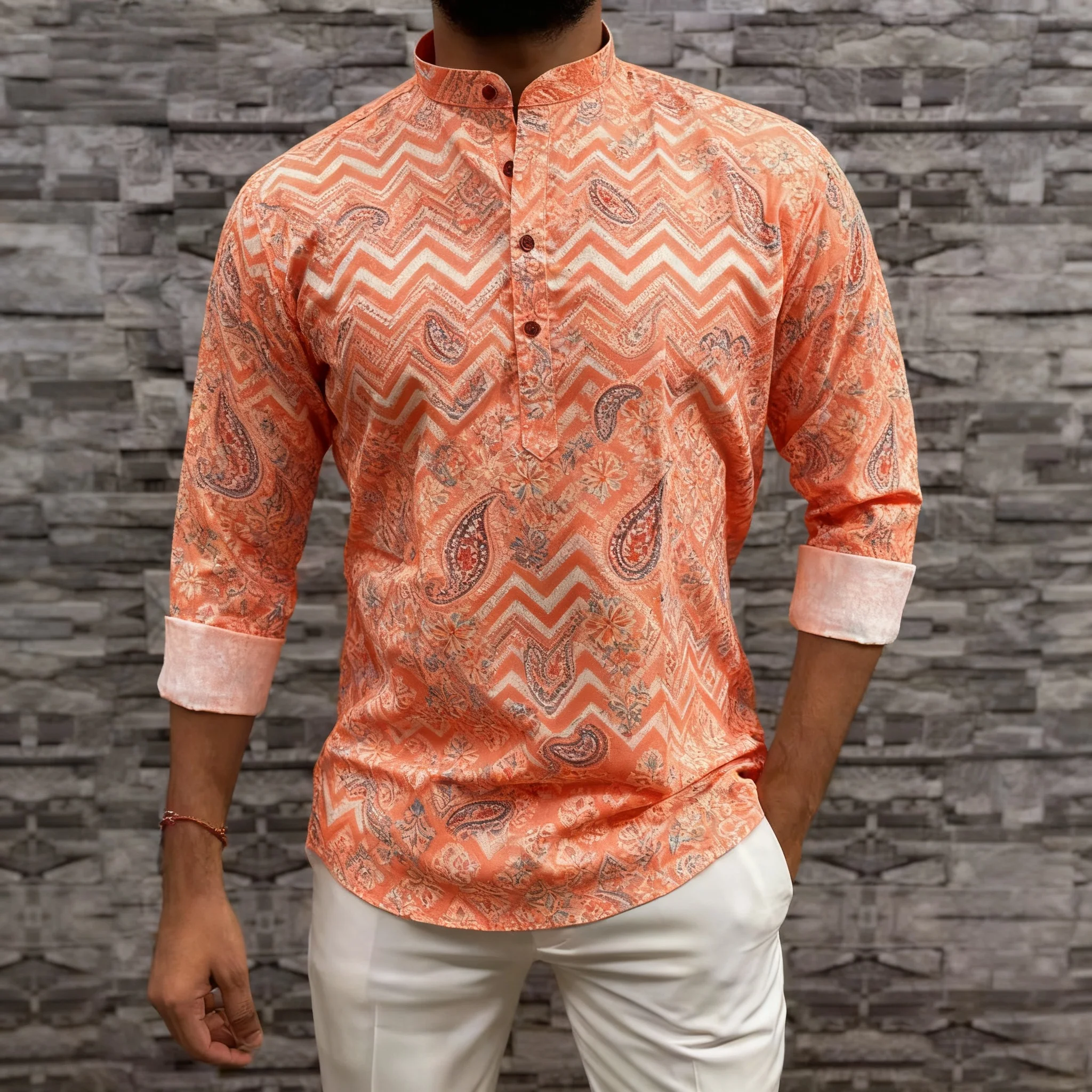 2026 ملابس رجالية مسلمة الوقوف طوق الذهبي طباعة قميص طويل الأكمام العصرية ملابس كاجوال Ropa Arabe De Hombre الإسلامية #5