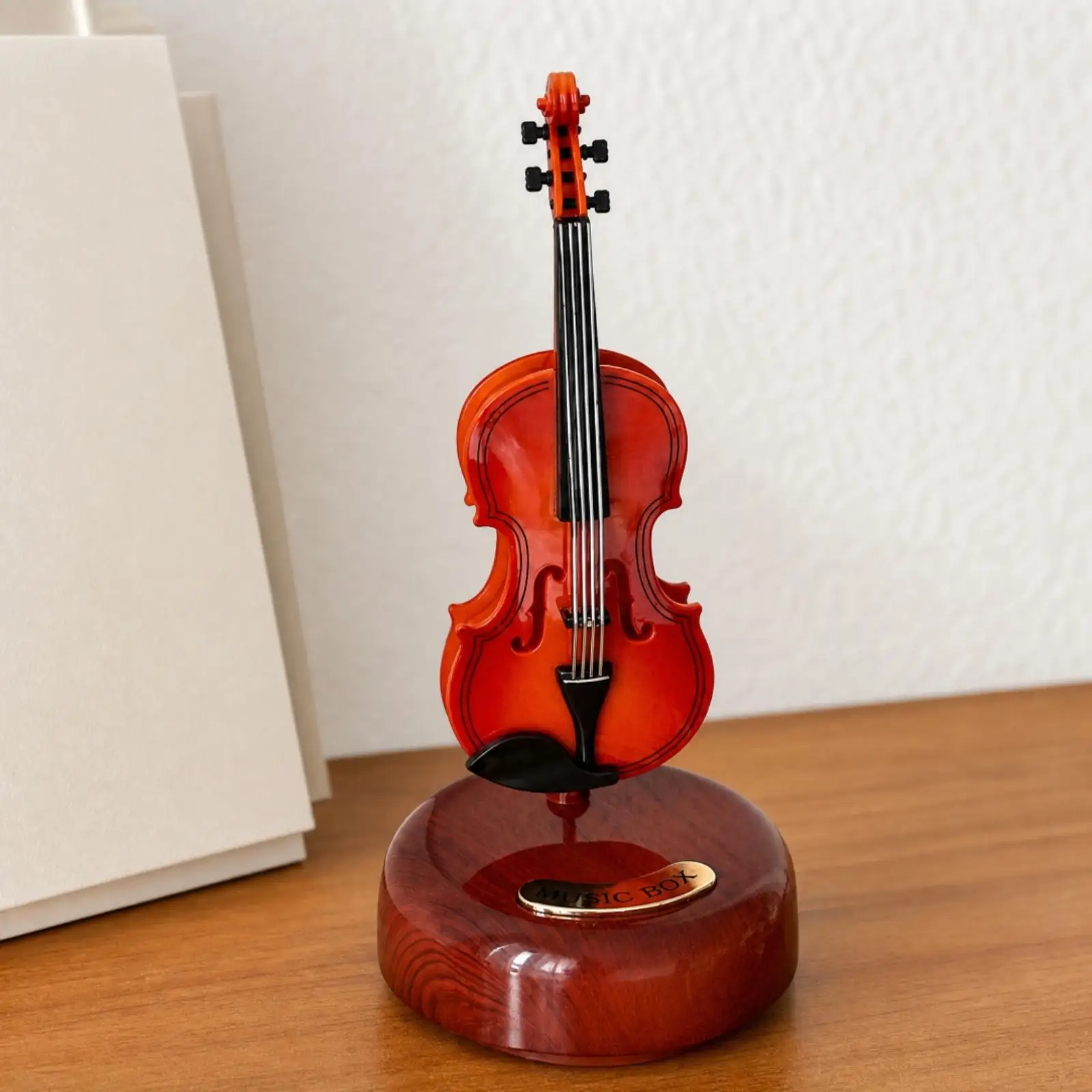 Violin-Shaped Music Box Glossy Violin Music Box with Base Vintage-Classic Tabletop Ornament for Desk Decor, Bedroom Decoration