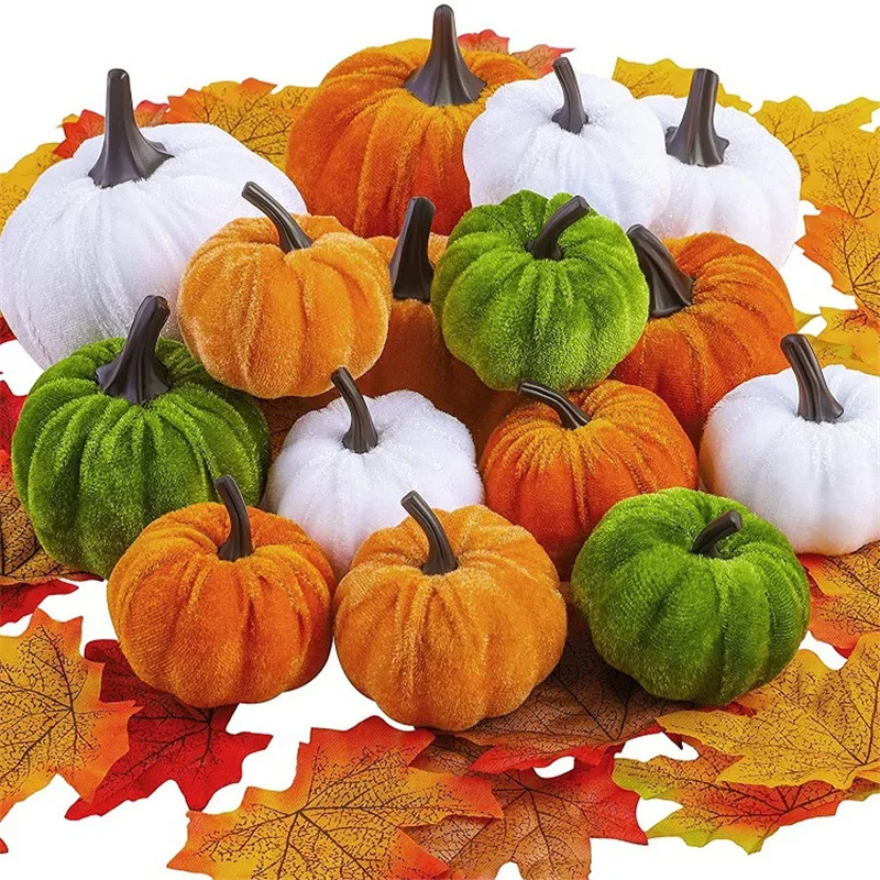 Fall Artificial Pumpkins Soft Velvet Halloween Pumpkin Ornament Colorful Small Pumpkins Helloween Party Table Decoration Gift