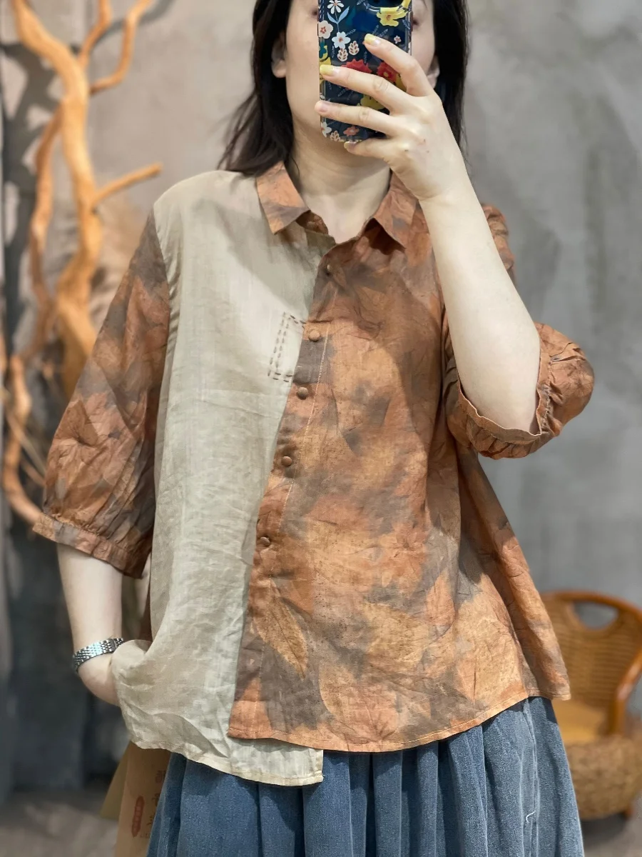 Luźny Krój Koszulka Damska Letnia Nowa Elegancka Narodowa Koszulka z Nadrukiem Asymetryczny Dół Lniana Wstawka Cienka Bluzka