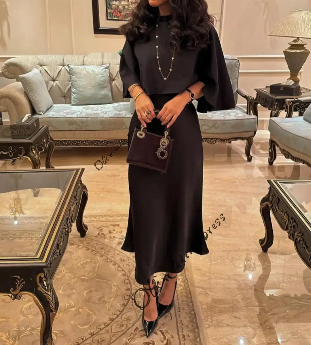 

customized Half Sleeves O-Neck Black Prom Dresses Ankle Length vestidos de novia Two Pieces Party Dresses