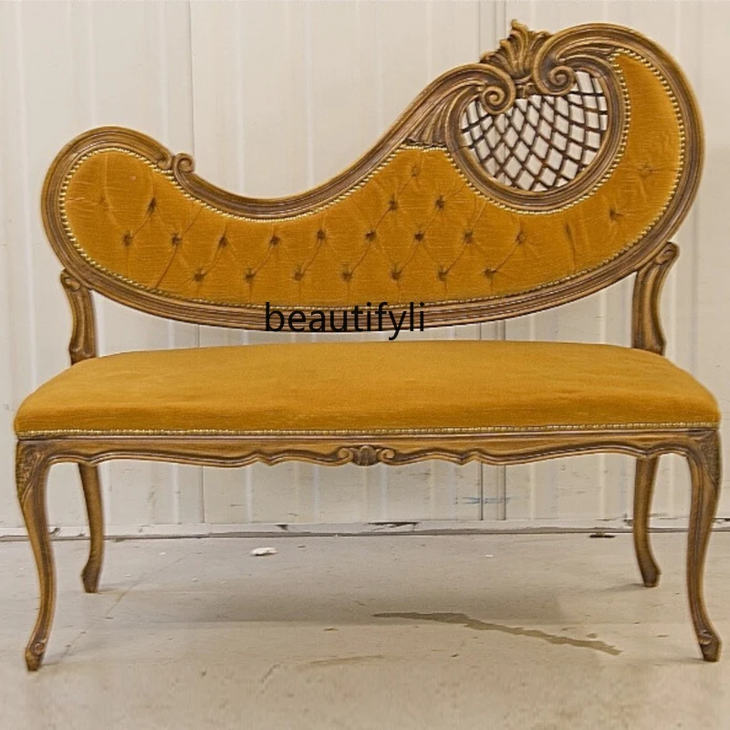 American-Style Wood Carved a Double Chair Vintage Velvet Sofa Designer Sample Room Furniture