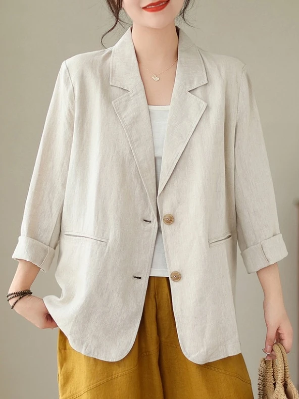 여성용 대형 사이즈 면 린넨 긴 소매 캐주얼 수트 재킷 2025년 봄 트렌디 아우터웨어 싱글 버튼 클로저 단색