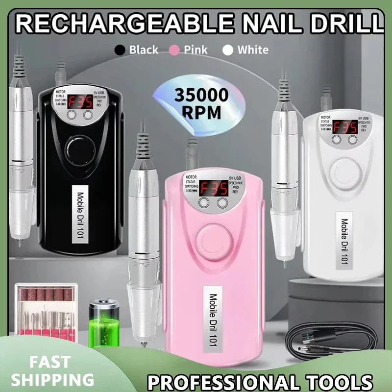 Rechargeable 35000RPM Nail Drill Machine Professional Low Noise Electric Manicure Drill for Nails with Polishing Sander