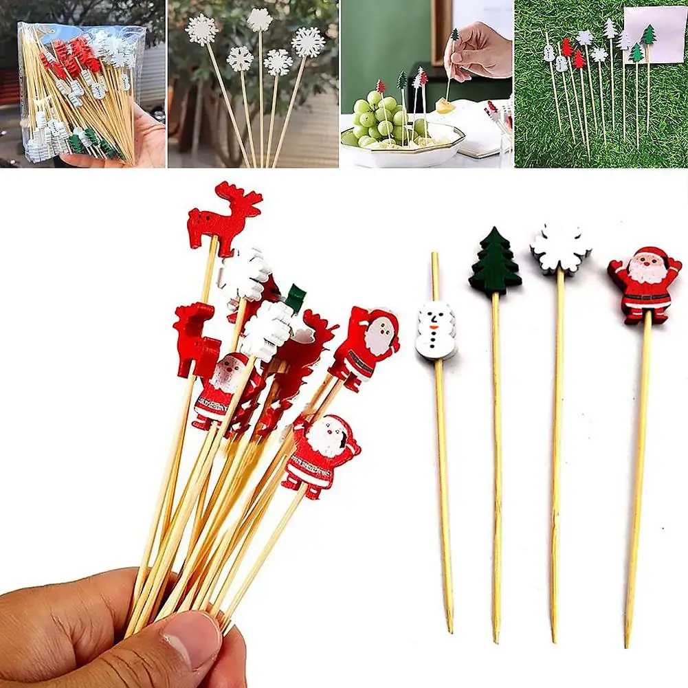 100Pcs Weihnachten Bambus Spieße Einweg Lebensmittel Dessert Zahnstocher Obst Salat Gabel Neue Jahr Party Dekoration Lieferungen