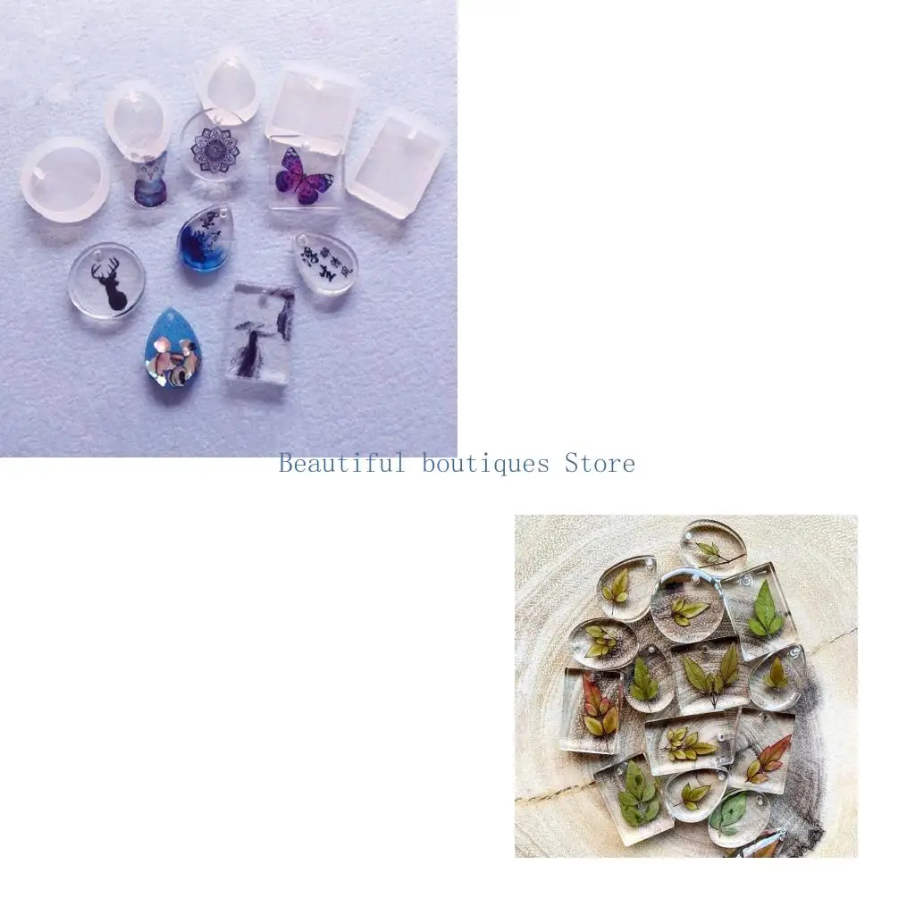 

U4LF Water Drop Round Square Oval Resin Casting Molds Keychain Pendants with Hanging Hole Casting Silicone Mould with Keyring