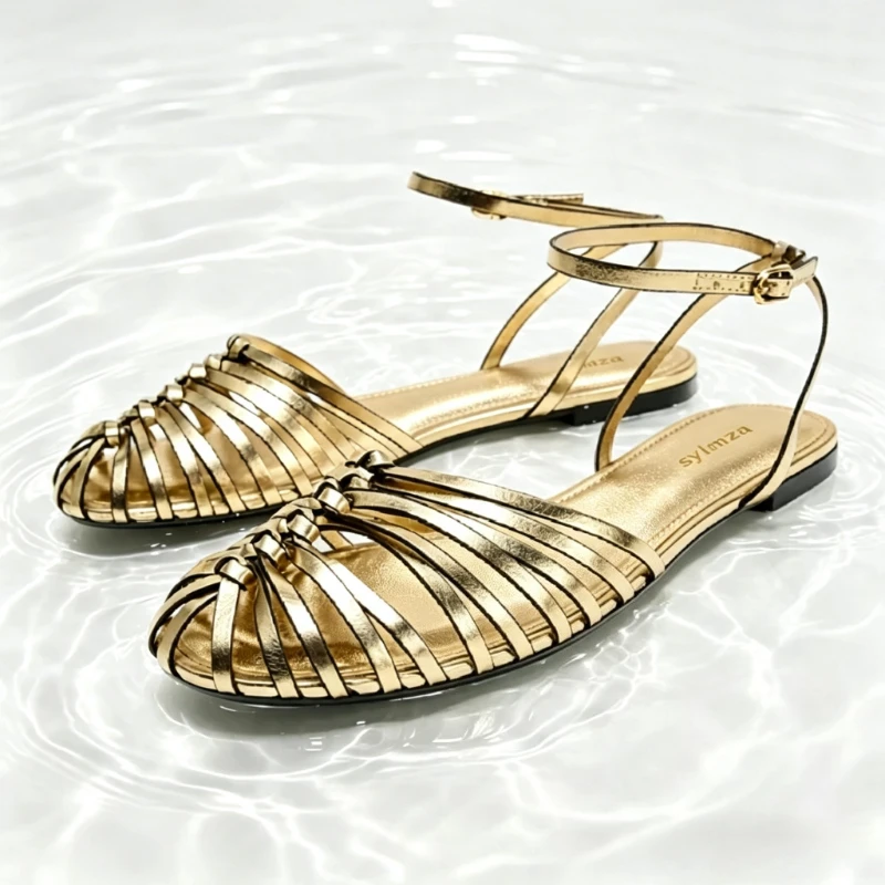 sandalias-planas-con-efecto-metalico-Unicas-sandalias-de-moda-para-mujer-con-punta-redonda-y-correa-en-el-tobillo-sandalias-gladiador-con-hebilla-zapatos-de-playa-para-vacaciones-de-verano