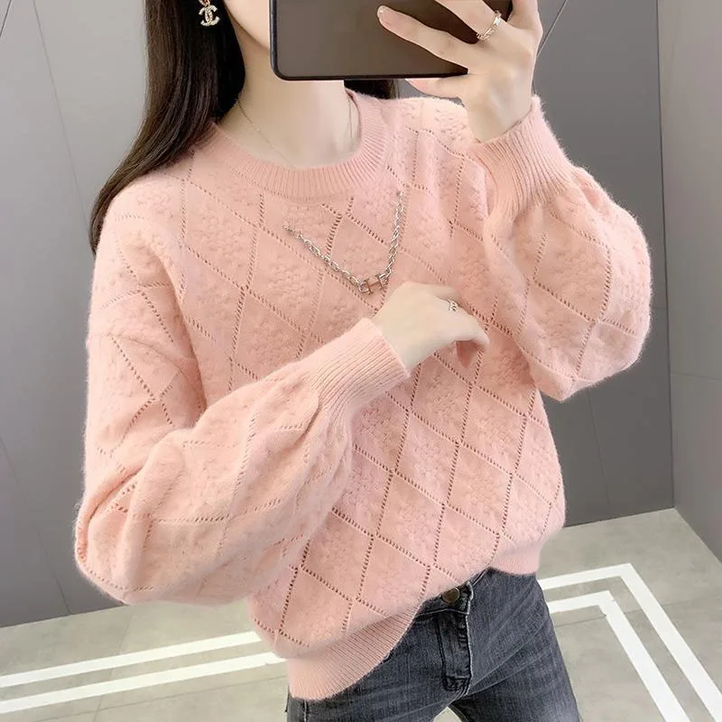 New Autumn/Winter Fashion Korean Edition Solid Jacquard Round Neck Loose and Versatile Foreigner Women\'s Long Sleeve Sweater