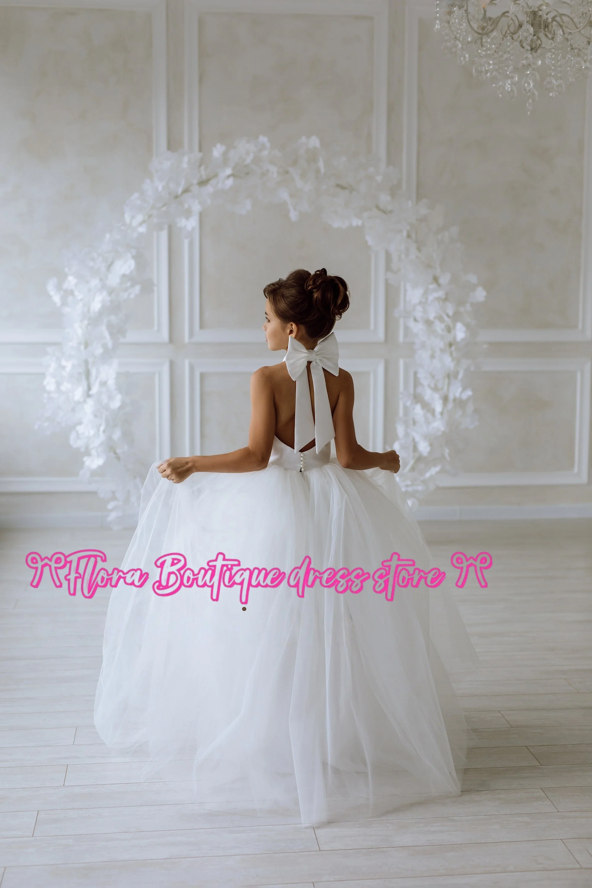 플라워 걸 드레스 아이보리 튤 주니어 플라워 드레스 파티 드레스 볼 가운 드레스 리본 장식 생일 드레스 결혼식 의식