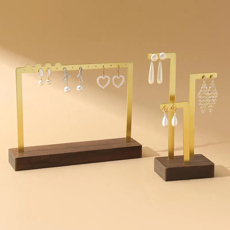

1pc Fashion Metal Earrings Display Stand With Wood Base Dangle Earrings Necklace Jewelry Storage Organizer Window Showcase Props