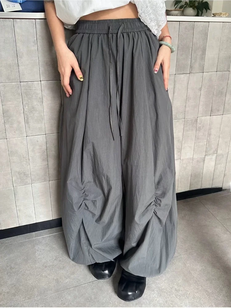 

Летние тонкие широкие брюки для женщин, повседневные брюки на шнурке, плиссированные, свободные, с эластичной талией, в японском стиле, из хлопка, прямого кроя