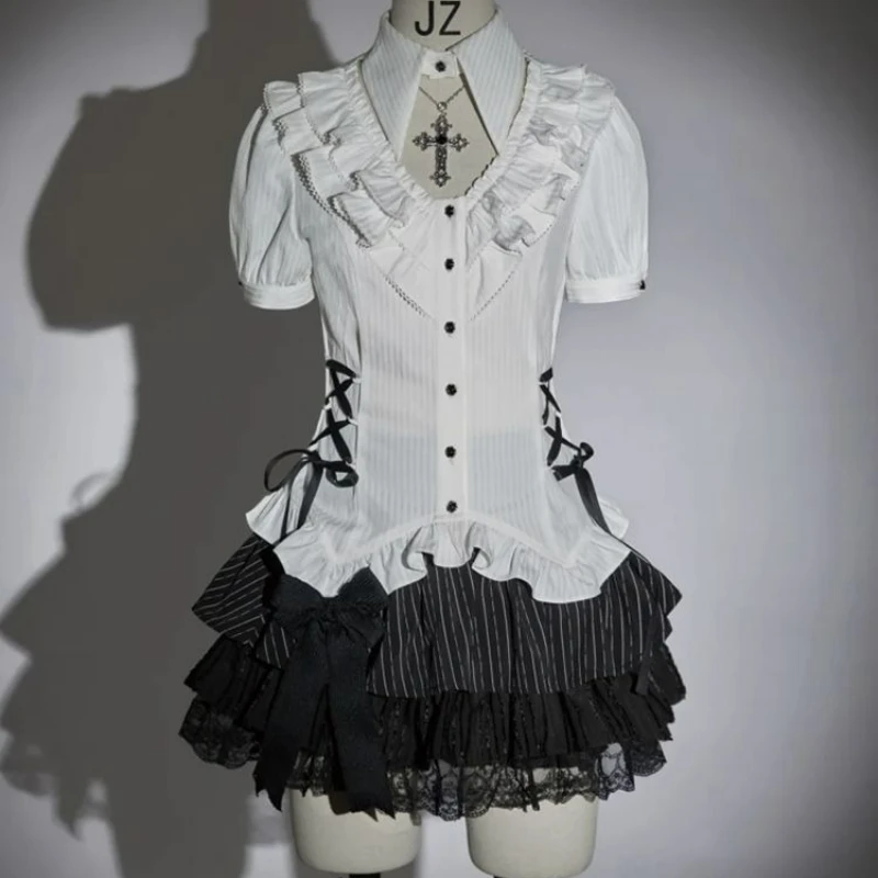 

Japanese Gothic Lolita Style 2 Piece Set Women Sweet Ruffles Bandage Shirt Tops Bow Stripe Mini Skirt Y2k Aesthetic Slim Outfits