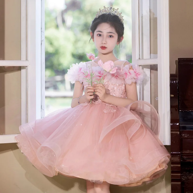 

2025Girls' Short Sleeve New Pink Floral Host Stunning High-End Piano Performance Princess Dress