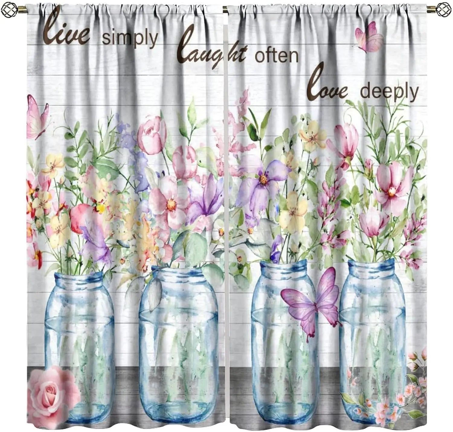Farmhouse Floral Curtains Watercolor Flower Vase Spring Colorful Plant Butterfly for Girls Women Bedroom Kitchen Blackout Rod