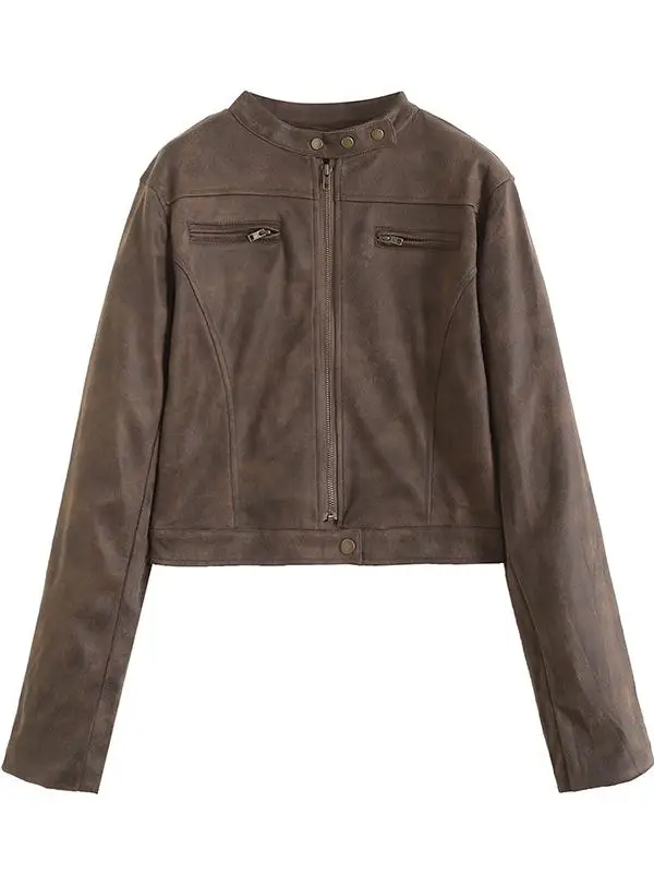 Retro, postarzany, zamszowy, dopasowany płaszcz ze stójką, skórzany, styl blogerki, modna odzież wierzchnia damska.