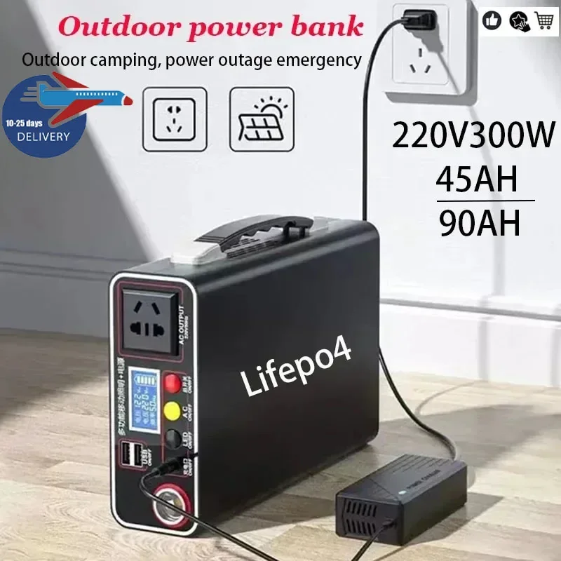 Banco de Alimentação Externa Lifepo4, 300W, 90Ah, 220V, Estilo Coreano, Casa, Ao Ar Livre, Camping, Sistema de Alimentação, Notebook, Atacado