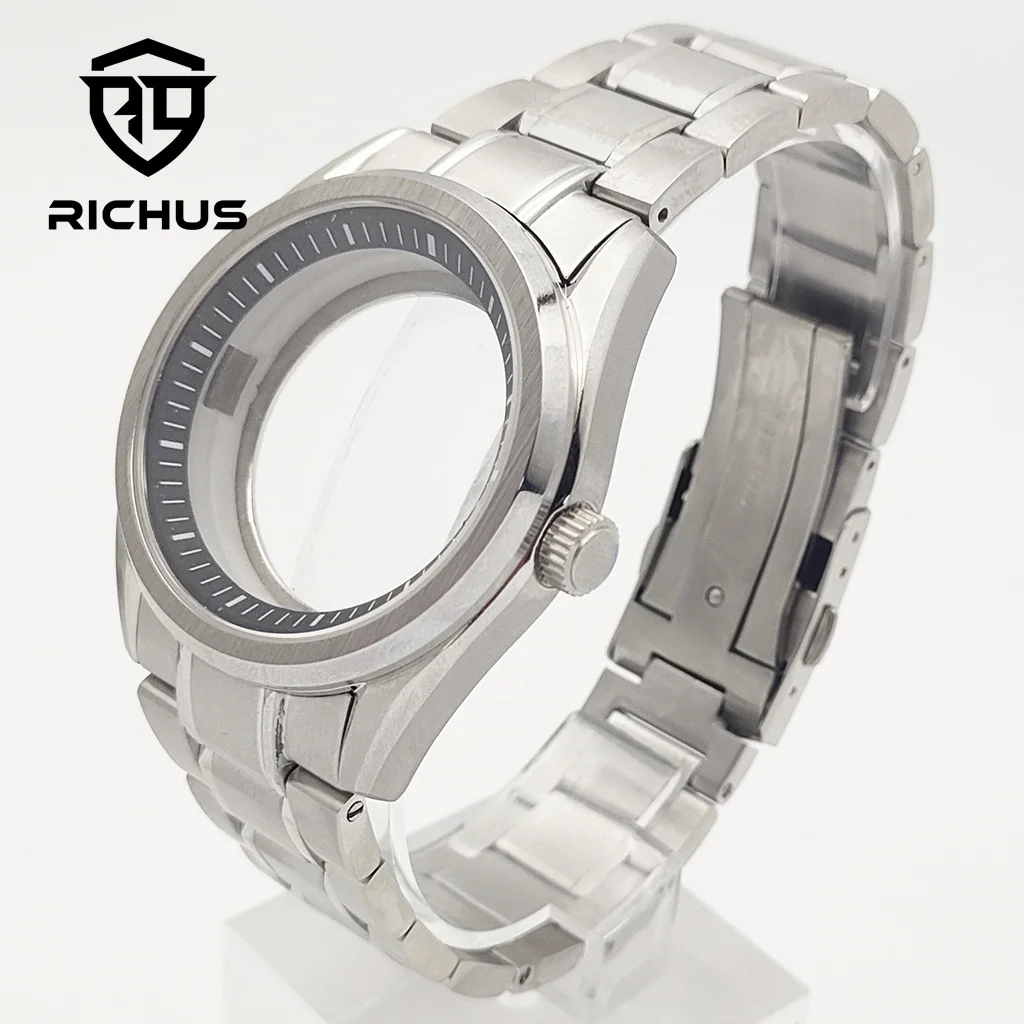 Caja de reloj RICHUS NH35 de 40mm plateada con correa de cristal de zafiro compatible con movimiento NH34 NH35 NH36