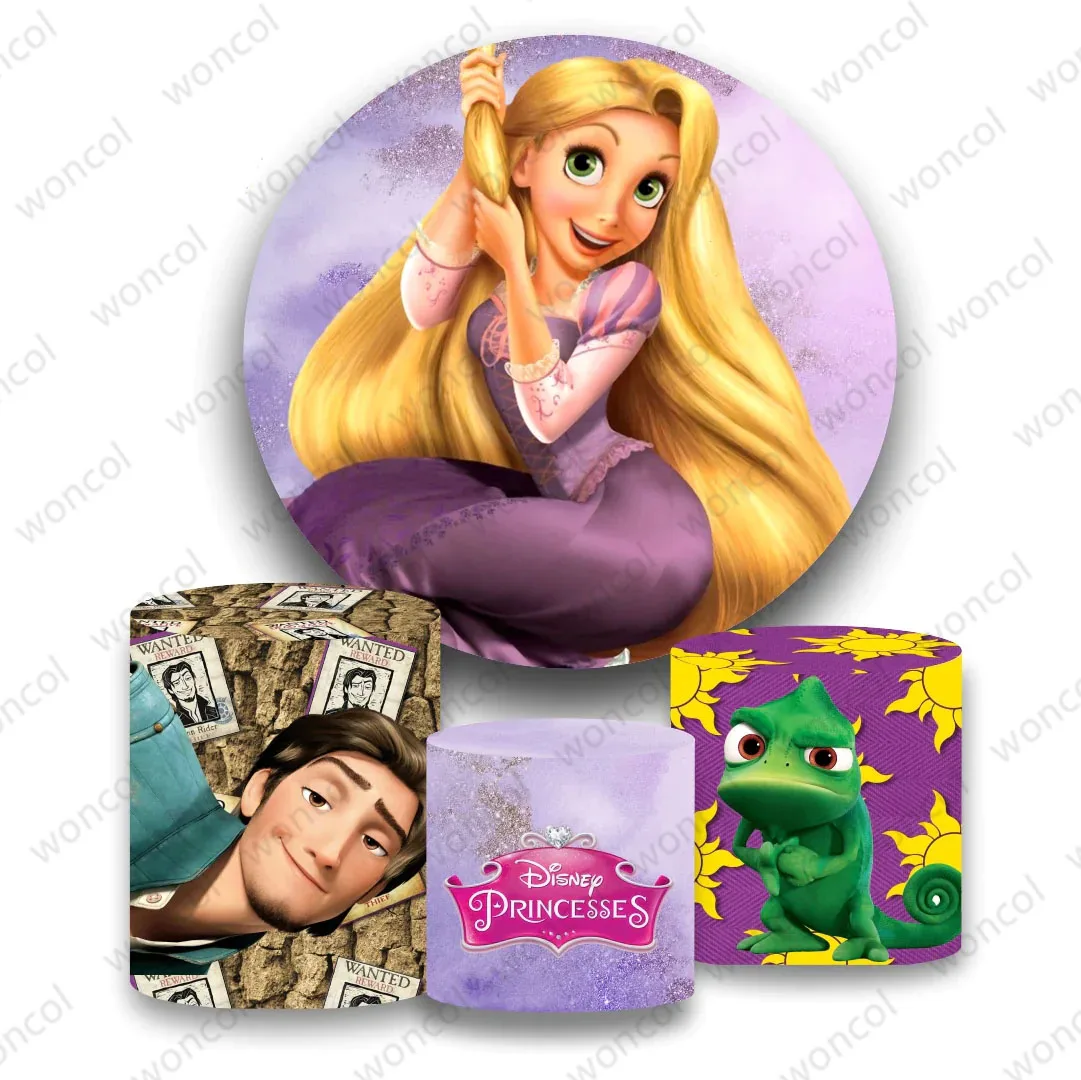 

Princess Rapunzel Birthday Round Backdrop 1st Girls Birthday Backdrop Tangled Pascal Flynn Rider Cylinder Cover Decor Photo Prop