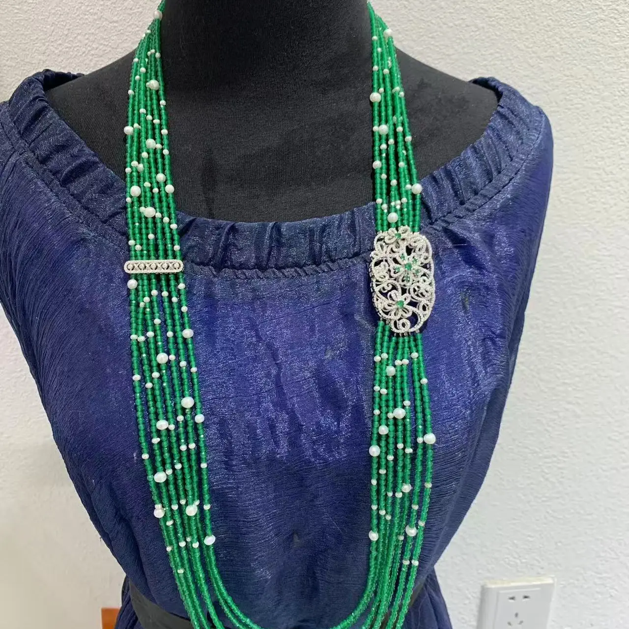 

natural fresh water pearl and semi-precious stone mixed necklace long chain multi layers 925 sterling silver with cubic zircon