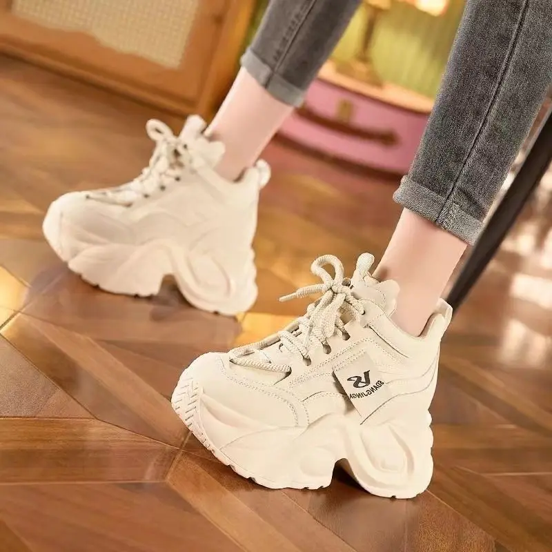 Women High Platform Fur Sneakers New Winter Warm Plush Snow Shoes Thick Sole Leather Casual Shoes Chunky Dad Sport Sneakers