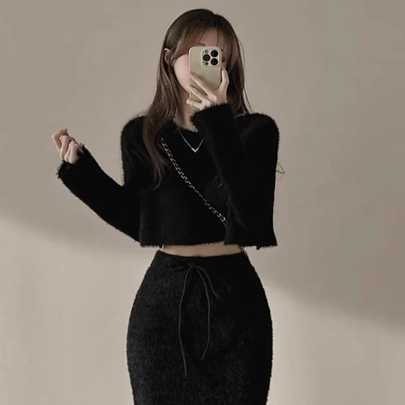 

Chic Knitted Faux Mink Sweater High Waist Skirt Two Piece Set Autumn Winter Faion Ele Sle Women's Clothing